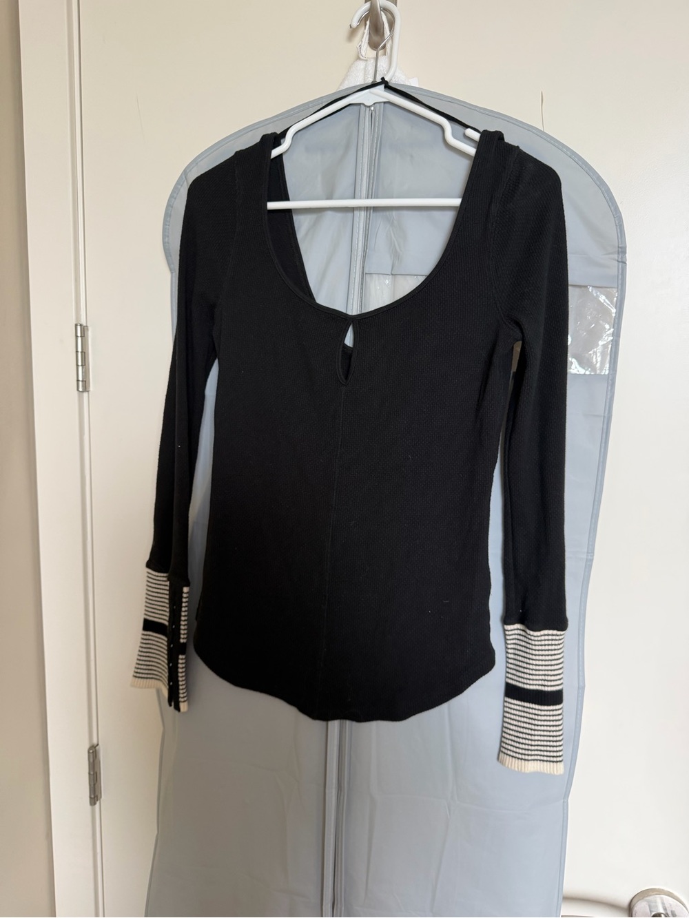 Free People - Black Long Sleeve Scoop Neck Top with Cream Striped Cuffs